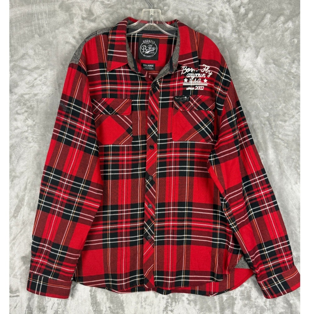 Born‎ Fly Men's Plaid Flannel Shirt 3X Large Red Black Quilted Elbow Patches